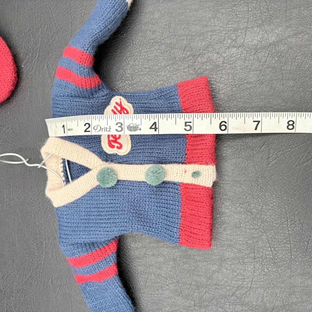 Vintage Style Miniature Knit Teddy Bear Sweater and Hat Set Blue Red Varsity